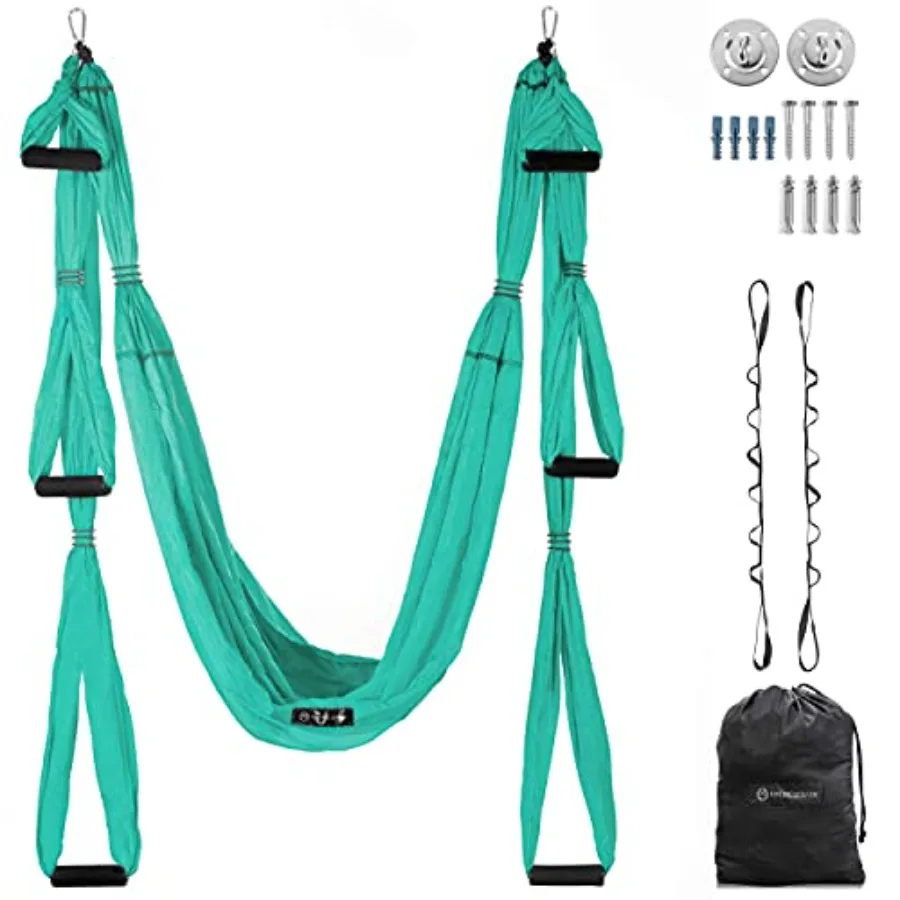 Aerial Yoga Swing Set for home studio use nylon fabric in black includes heavy-duty ceiling mount accessories with carabiners a