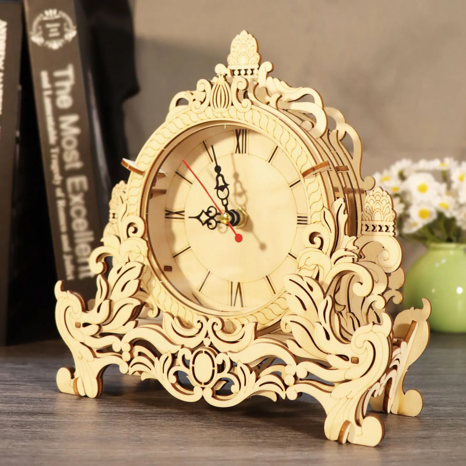 

3D Wooden Puzzle Clock Model Kits Building Kits Desktop Clock DIY Architectural Building Blocks Creative Gift Home Decor for Fam