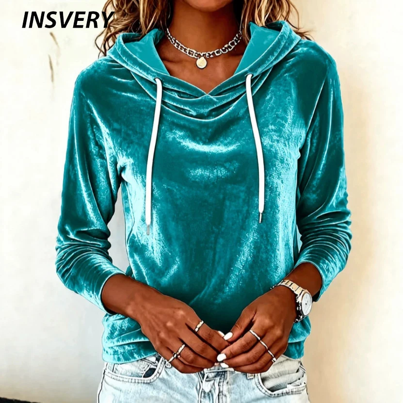 Elegant Hooded Sweatshirt Women Casual Long Sleeve Velvet Blouse Women Shirt Female Fashion Drawstring Hoodies Lady Sweatshirts