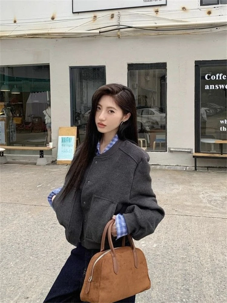 New Arrival Vintage Style Casual Loose Fit Short Baseball Premium Autumn Gray Outerwear For Women Men