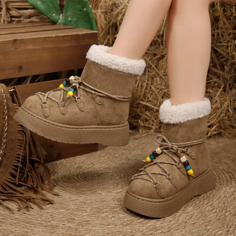 

2025 Hot Selling Winter New Flat Snow Boots Women's Round Head Suede Front Strap Thick Sole Anti-slip Wear-resistant Short Boots