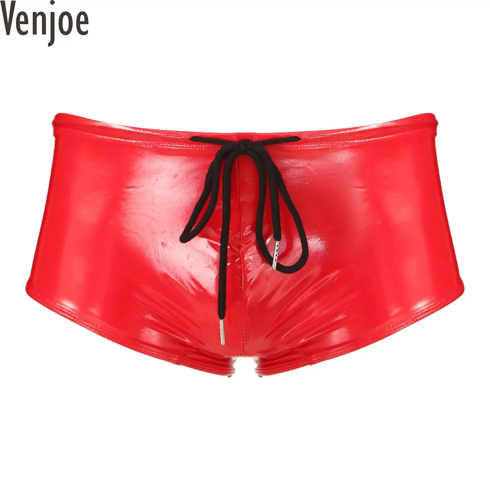 

Mens Wet Look Patent Leather Swimming Trunks Low Rise Drawstring Boxer Shorts Swimwear Party Clubwear