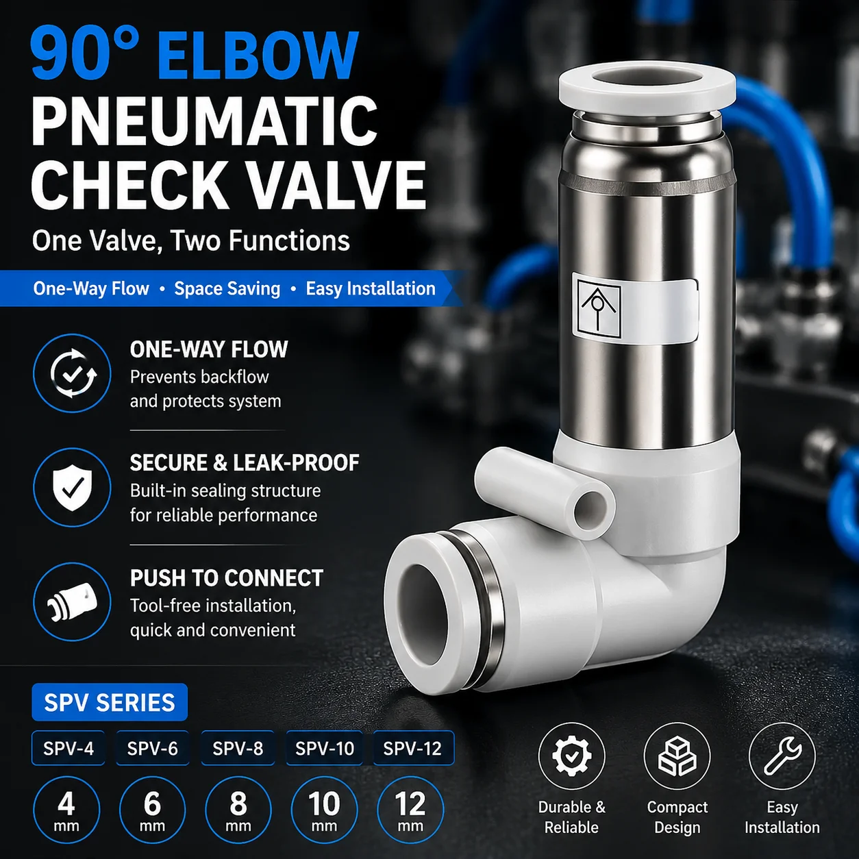 Pneumatic Elbow Check Valve Push to Connect 4/6/8/10/12mm One Way Non Return Valve Air Hose Fitting for Automation System