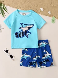 2pcs Boys Whale Pattern Swimsuit Set - T-shirt & Swim Trunks - Stretchy Surfing Suit for Summer Beach Vacation