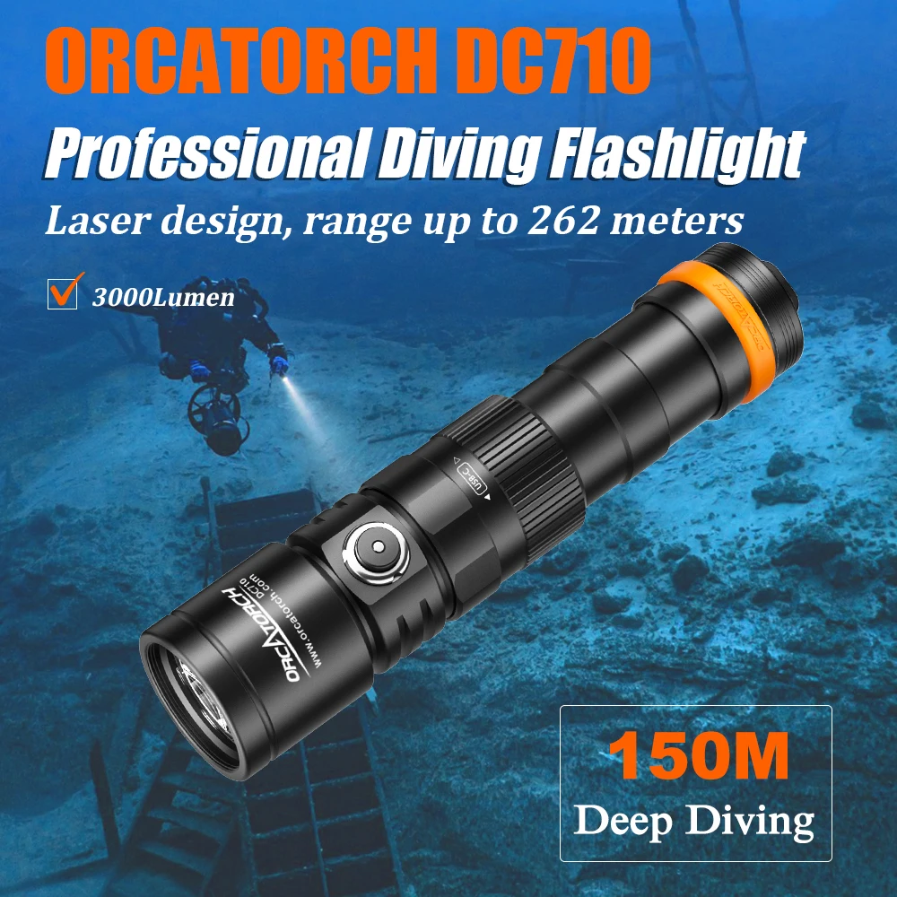 ORCATORCH DC710 3000 Lumens ที่มีประสิทธิภาพใต้น้ำโคมไฟดำน้ำมืออาชีพไฟฉาย LED ไฟฉายดำน้ำ Scuba LIGHT