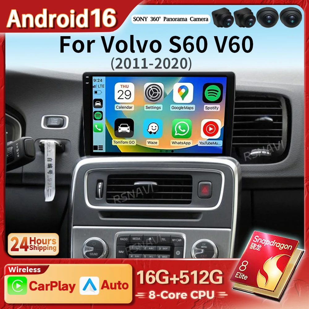 Lecteur multimédia Android 16 Carplay Auto avec écran 2K pour Volvo S60 V60 2011 - 2020, autoradio 2DIN, DSP, stéréo Qualcomm