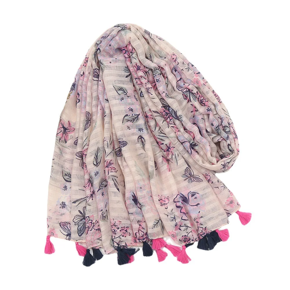 2018 Fashion Beautiful Flower And Butterfly Pattern Tassel Shawls Scarves Long Viscose Floral Wrap Hijab Free Shipping