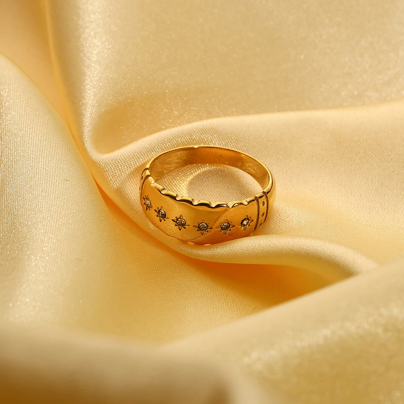 18K Gold Plated Stainless Steel Bling Stone North Star Stackable Rings for Women Trendy Bold Ring Waterproof  Everyday Jewelry
