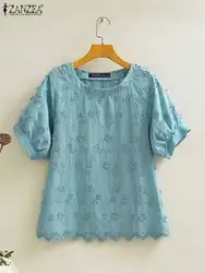 ZANZEA-Blusa de encaje con bordado Floral para Mujer, camisa informal de manga corta abullonada, Color liso, para uso diario, verano, 2024