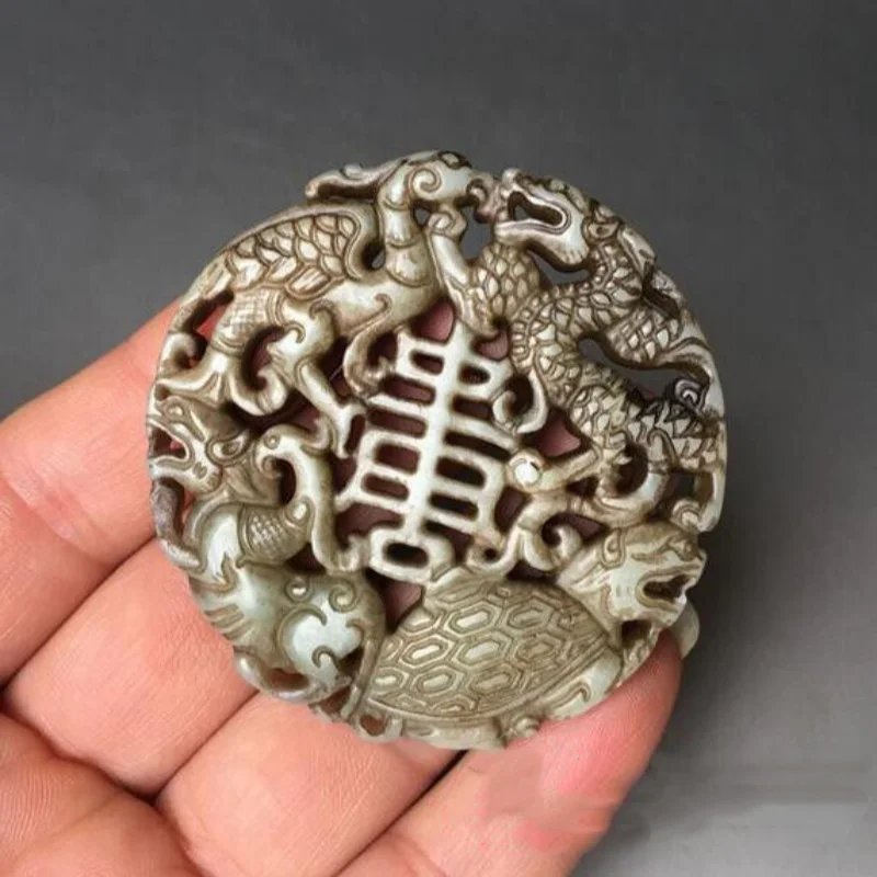Estatua Antigua de Jade Tallada de las Cuatro Bestias Divinas de Xiuyu, Amuleto Hueco de Feng Shui, Decoración Auspiciosa Colgante