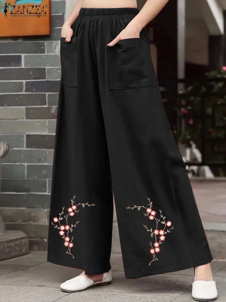 ZANZEA-pantalones de pierna ancha con cintura elástica para mujer, calzas largas holgadas e informales con bordado de flores, Estilo Vintage, para