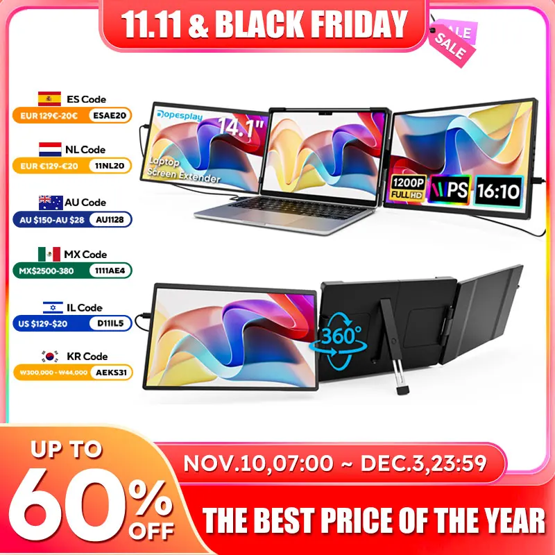 

Dopesplay 14,1-дюймовый удлинитель экрана для ноутбука, тройной двойной FHD 1200P IPS, портативные мониторы для Windows Macbook Chrome 13,3-17,3 дюйма