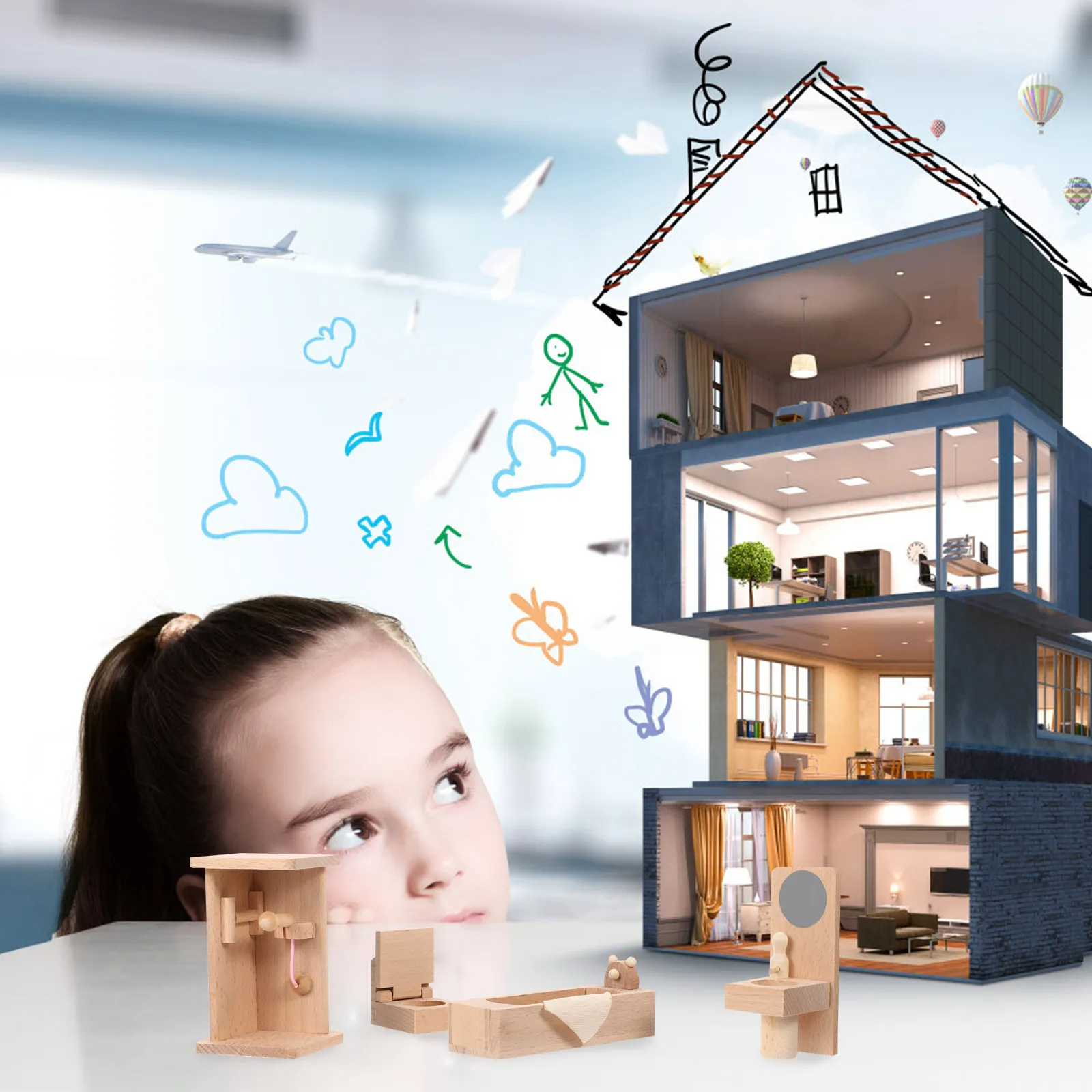 

1Set Premium Wooden Mini Bathroom Furniture Collection Lifelike Details Safe for Children Mini House Interior Decor Miniature