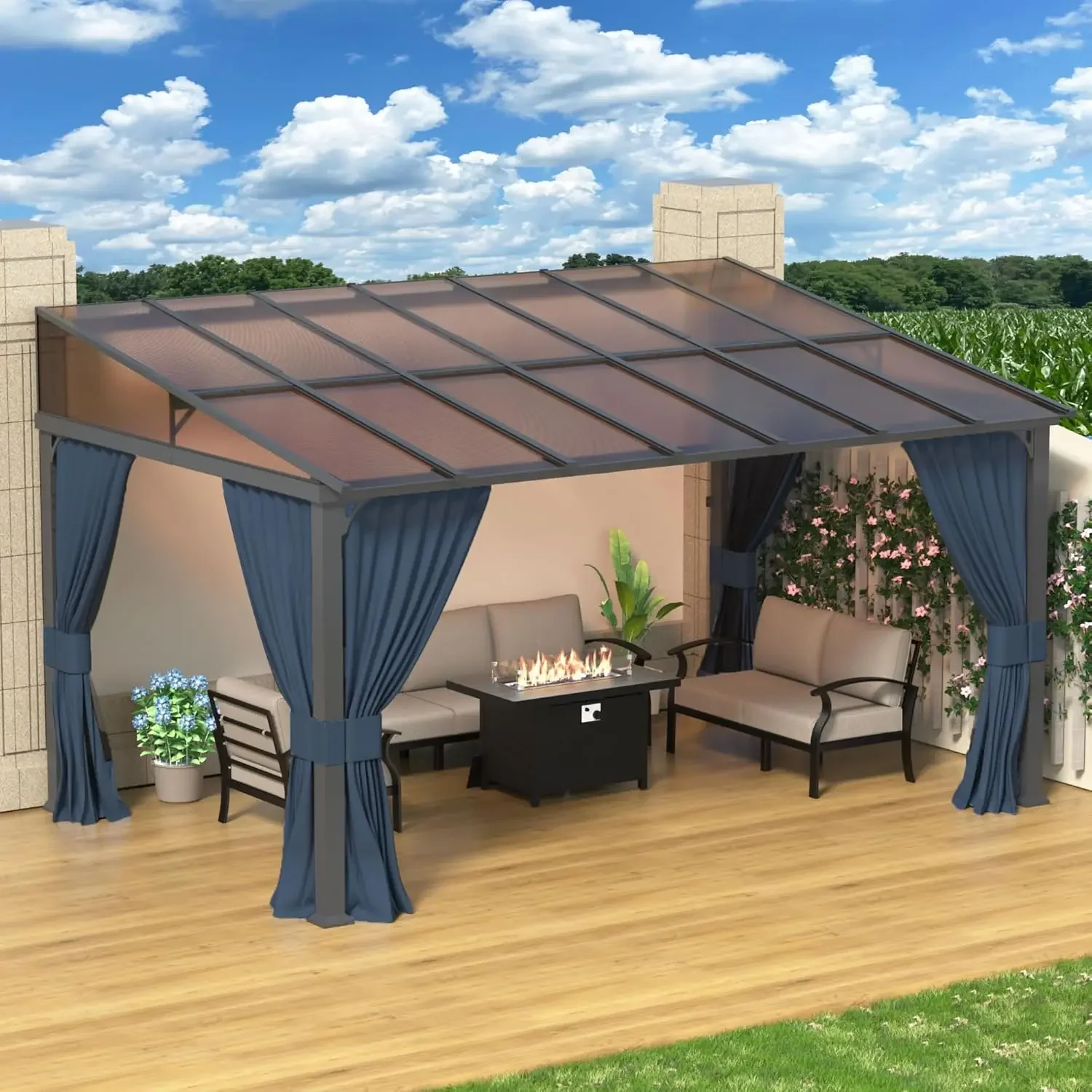 

10' x 14' Hardtop Gazebo, Lean-to Wall Mount, Outdoor Pergola, Navy, with Curtains, Netting for Patio, Garden, Lawn