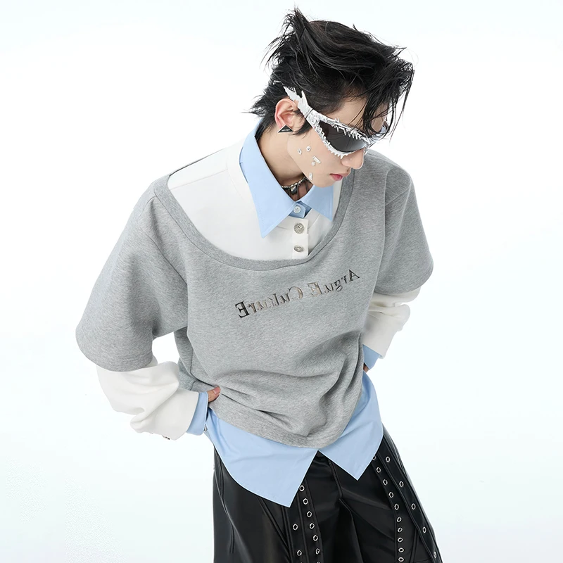 LUZHEN Street 2025 تصميم جديد متخصص رسالة المرقعة ملابس أصلية للرجال موضة كم طويل وهمية قطعتين البلوز JY4728