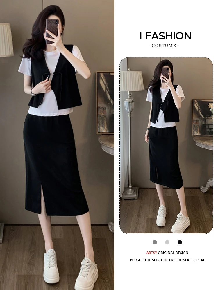 

Faionable Color Blo Set, женская летняя футболка ort Sve, жилет, юбка с разрезом, комплект из футболки, повседневная одежда Sli