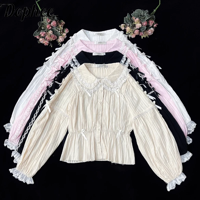 Dophee Original Japan Style Lolita Shirts Long Sleeve Women Cotton Basic Blouses Cute Bow Peter Pan Collar Thicken Velvet Tops