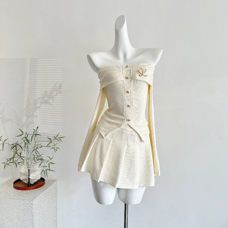 

Осенняя милая модная однотонная женская одежда, дизайнерская блузка с топом + мини-плиссированная юбка, новые корейские шикарные повседневные комплекты из двух предметов