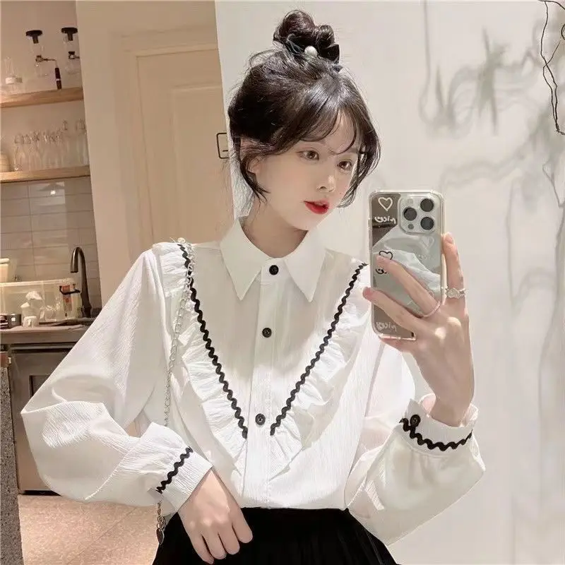 Women's High-end Spring and Autumn Outfit New Style Lapel Long Sleeved Top with Mushroom Edge Design Elegant and Loose Shirt