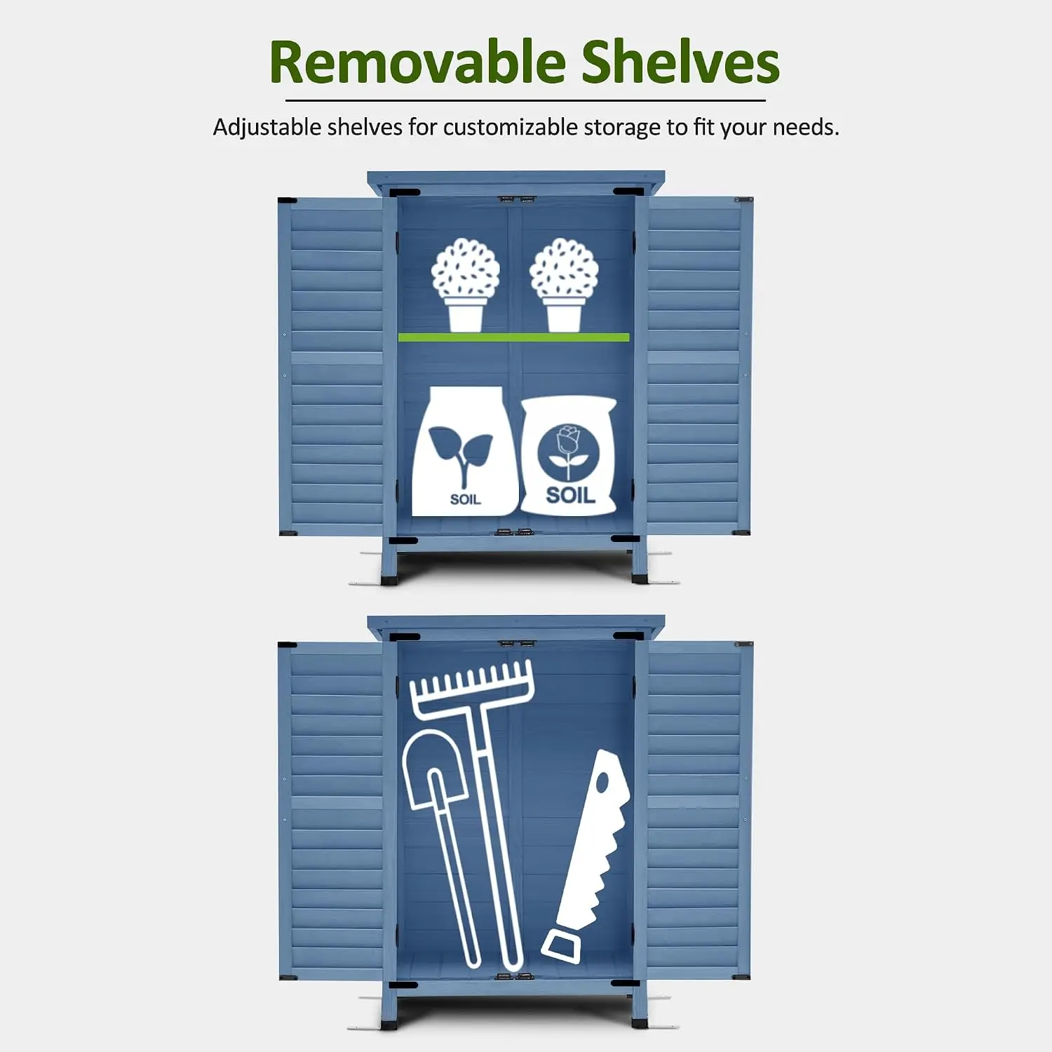 Small Wood Outdoor Storage Cabinet 24.6x18.3x38.2 In Garden Tool Shed Asphalt Roof Removable Shelf 2 Doors 4 Metal Feet Nails for Patio Porch Blue - view 3