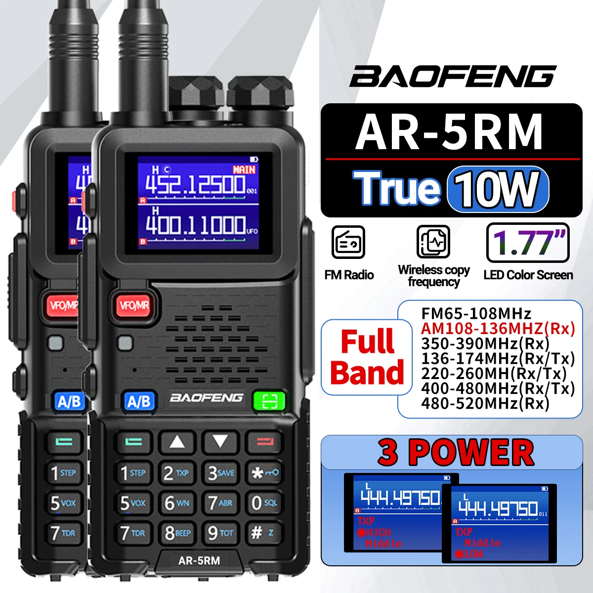 2PCS BAOFENG AR-5RM Multi Band Walkie Talkie Air Band 10W Wireless Copy Frequency 999CH 2500mAh UV-5RH Long Range Ham Radio