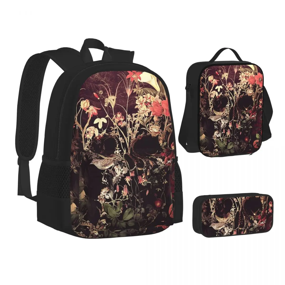 

Bloom Skull Backpacks Boys Girls Bookbag Students School Bags Kids Rucksack Lunch Bag Pen Bag Three-Piece Set
