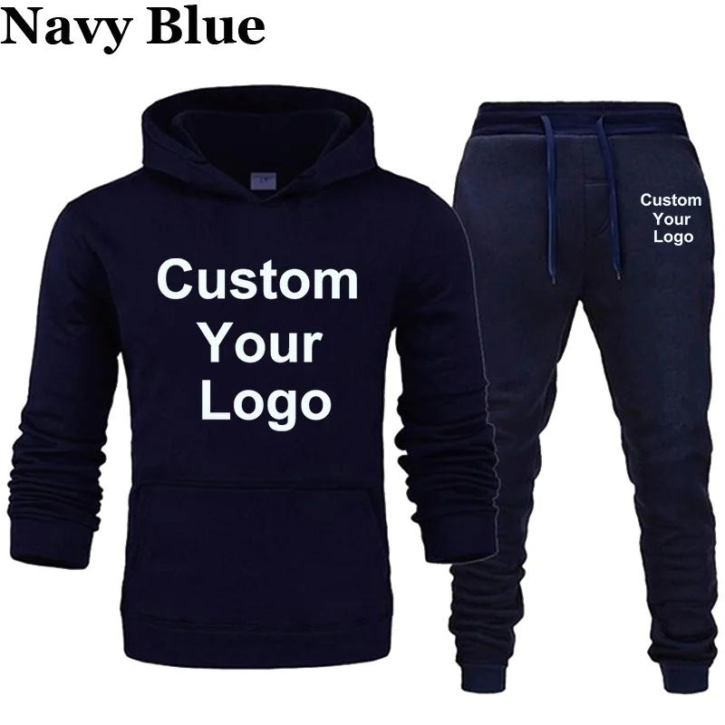 Custom Your Logo Hoodies Pants 2Pcs/Sets Sweatshirt Sweatpants Male Gyms Fitness Tops Trousers Joggers Sportswear Tracksuits