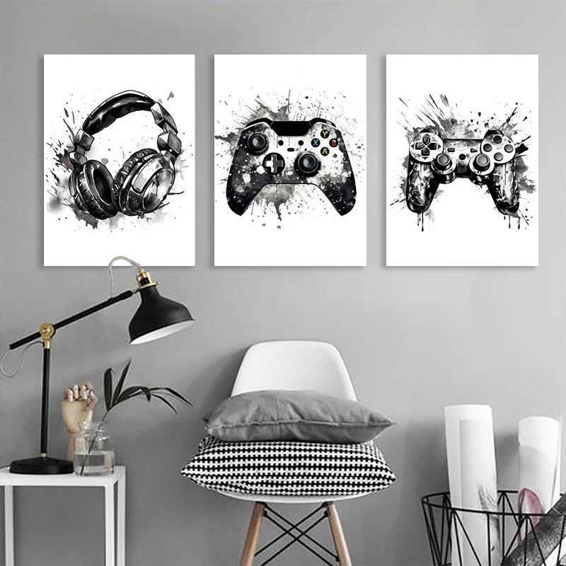 Black and White Ink Video Game Controller Poster Nordic Gamer Enthusiast Canvas Painting Picture Boys Room Wall Art Home Decor