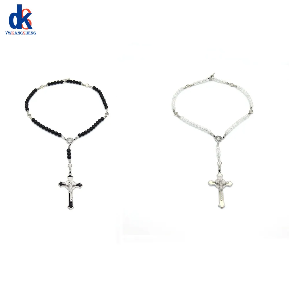 Fashion Cross Necklace Silver Centerpiece Sacred Mercy Saint Icons Religious Men Women Black 8mm Bead Punk Pendant Jewelry Gift