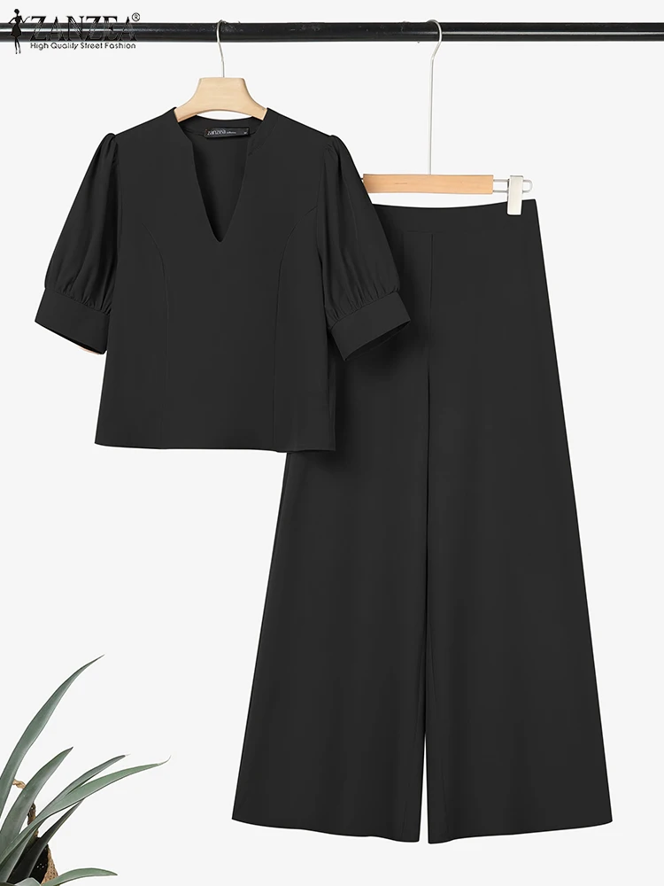 

ZANZEA 2025 Summer Women Matching Sets V-Neck Short Puff Sleeve Blouse Wide Leg Pant Fashion Tracksuits 2PCS Office OL Outfits