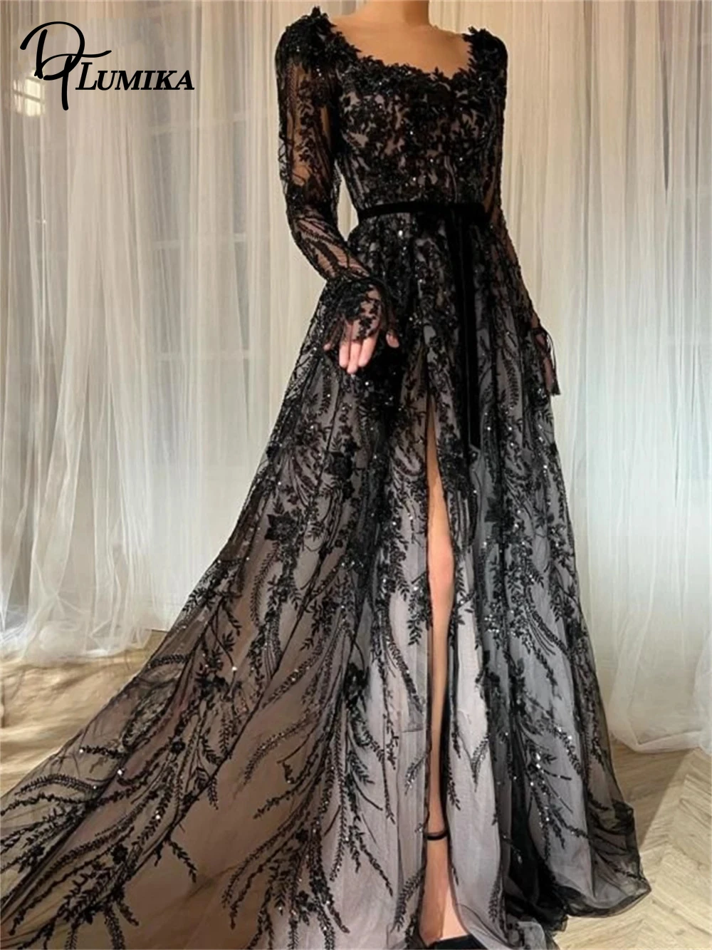 

Elegant Full Sleeves Long Evening Dress Beadings Appliques Scoop Neck Customized Prom Dresses Side Slit Court Train Party Gown