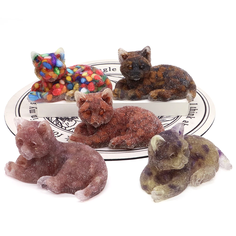 

3.3" Cat Figurine Natural Crystal Gravel Tumbled Stone Silica Mould Resin Reiki Healing Gemstone Carved Crafts Gift Home Decor