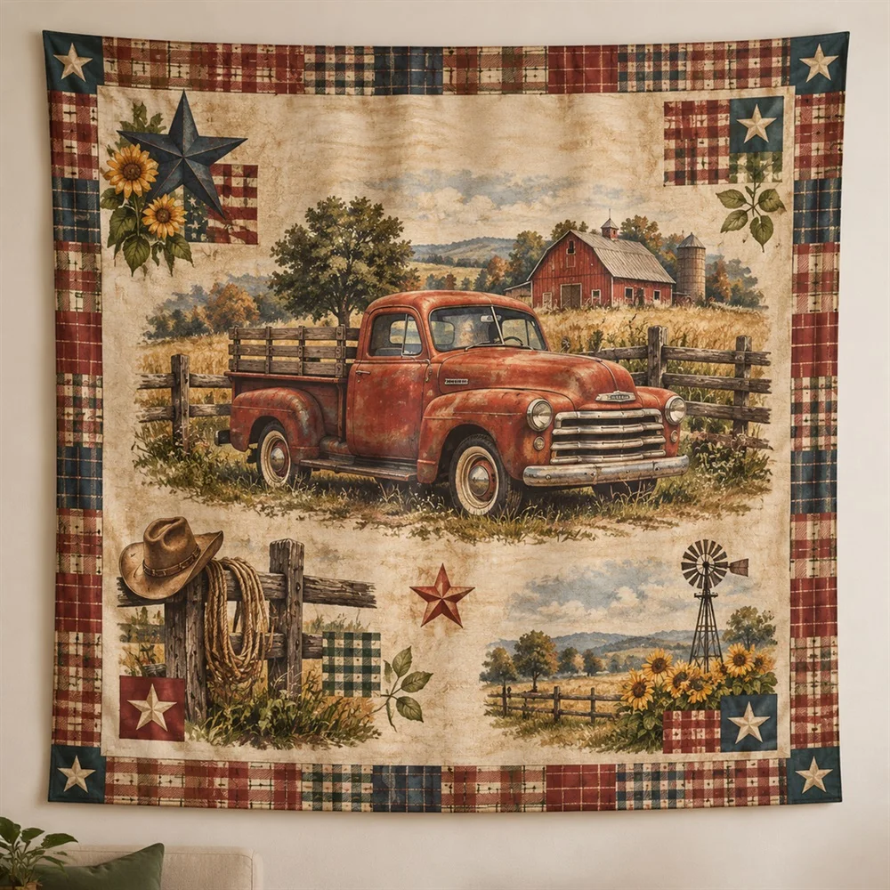 VIKAMA Vintage Pickup Truck Clustered Groups Tapestry Wall Hanging, American Wall Decor Tapestries for Living Room Bedroom