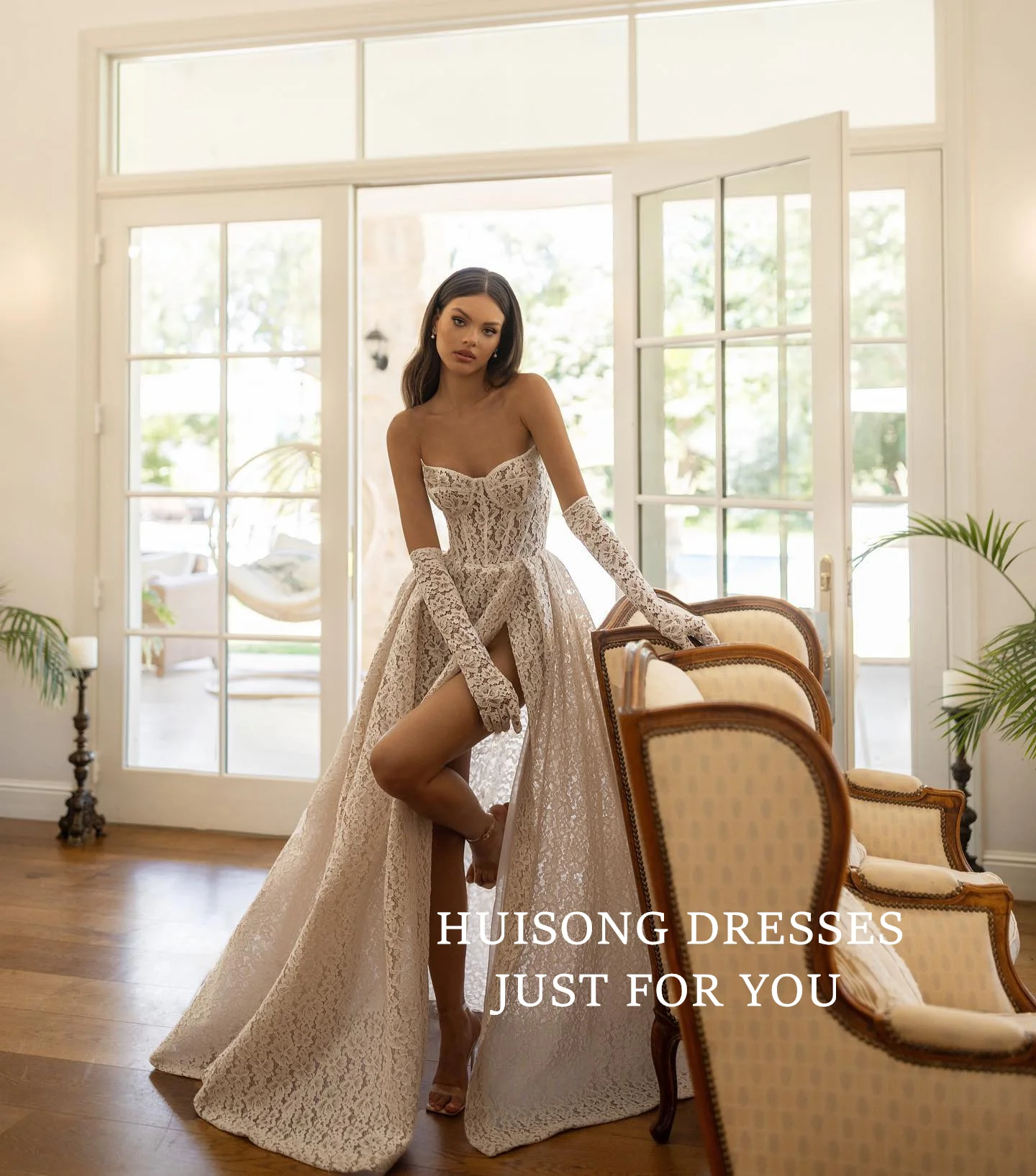 HUISONG Customized Boho Lace Appliques Wedding Dresses Sweetheart Sleeveless High Side Split A-Line Beach Bridal Gown