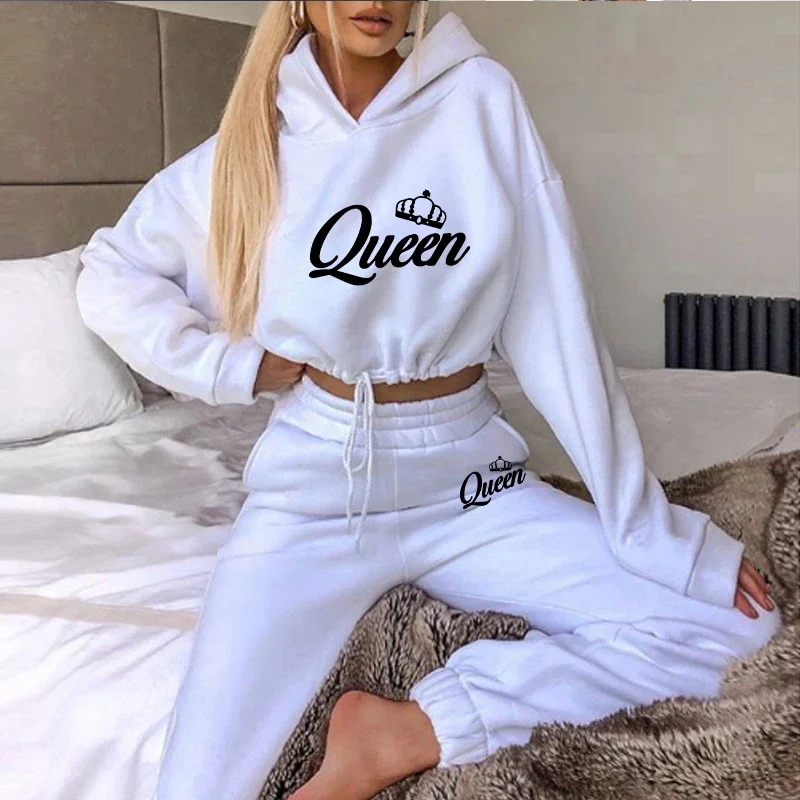 Womens 2 Pieces Suit Hooded Print Pullover Tracksuit Set Drawstring Short Sweatshirts Casual Sweatpants Jogging Home Clothing