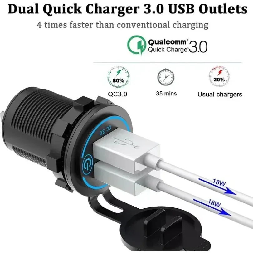 Car Quckly Charging Adapter 60W Dual QC 3.0 Dual USB Fast Car Charger Socket 12V/24V Waterproof with Switch Auto Power Outlet image 5