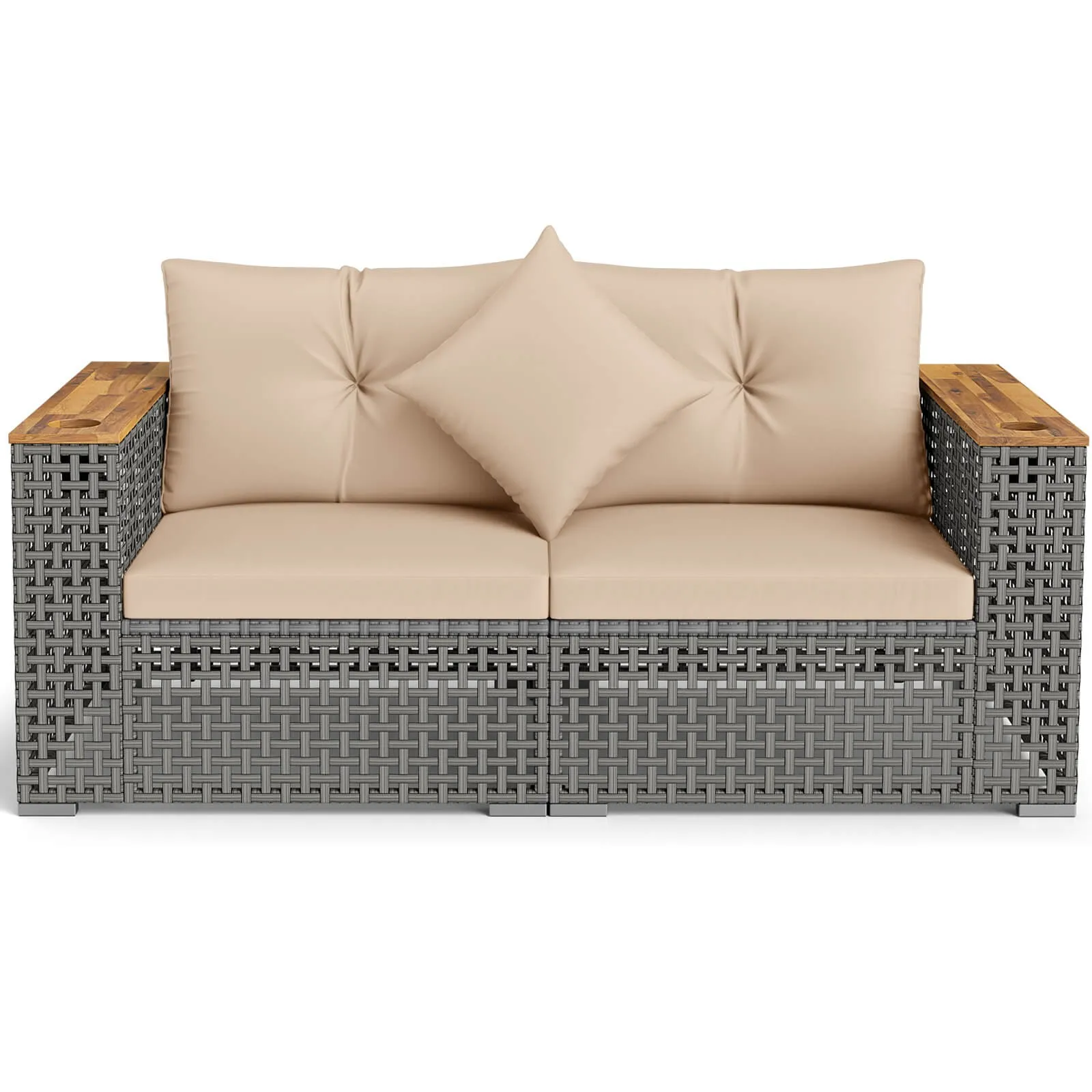 

2PCS Patio Corner Sofa Set w/Thick Cushions Wide Acacia Wood Armrests for Garden