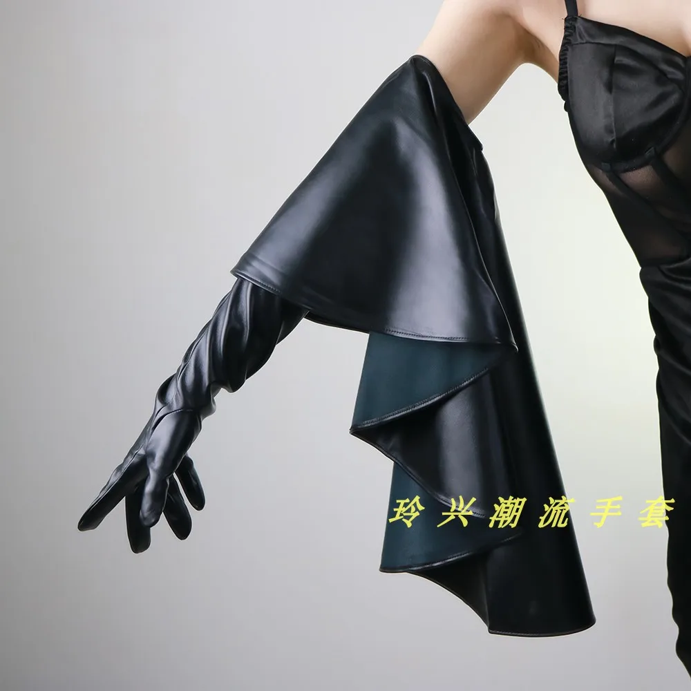 60 cm 24" LANGE RÜSCHENHANDSCHUHE Kunstleder Opera Schwarz Weiß Einzigartige Laufsteg-Accessoires Modische Accessoires Lange Ärmel Manschetten – Detail 23