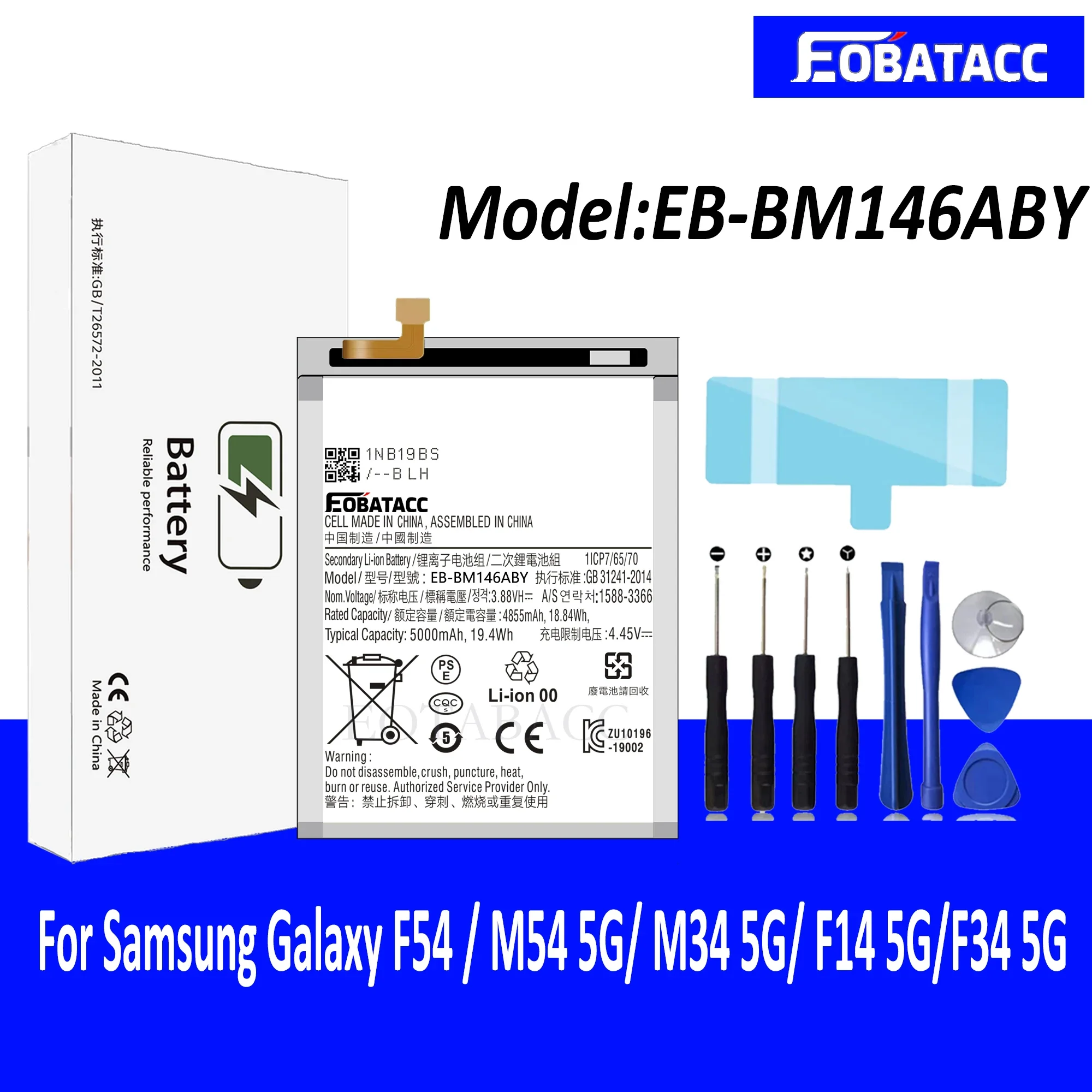 

EOTABACC 100% New High Quanlity Battery EB-BM146ABY For Samsung Galaxy F54 / M54 5G/ M34 5G/ F14 5G/F34 5G Battery +Tools