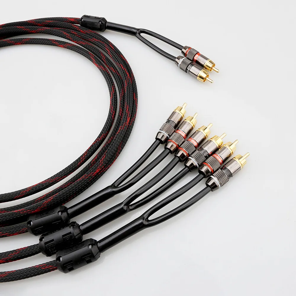 Gold Plated 2 RCA to 6 RCA Male HiFi Interconnect Cable OFC 4 Core Copper Audio Cord For Speaker System