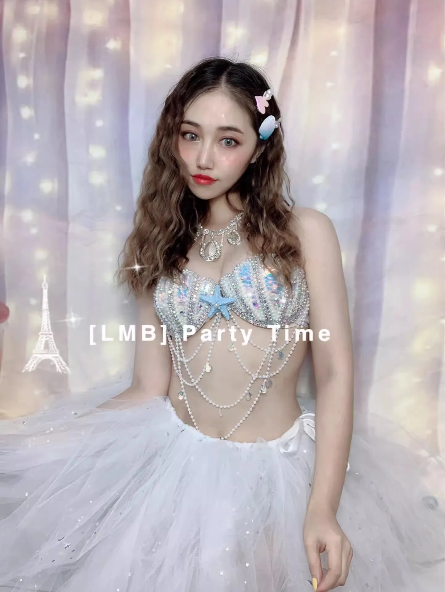 Party Club Clothing Sexy Luxurious Sparkling Diamond Bikini+Mesh Puffy Dress Set Nightclub Bar Female Singer Dance Stage Outfit