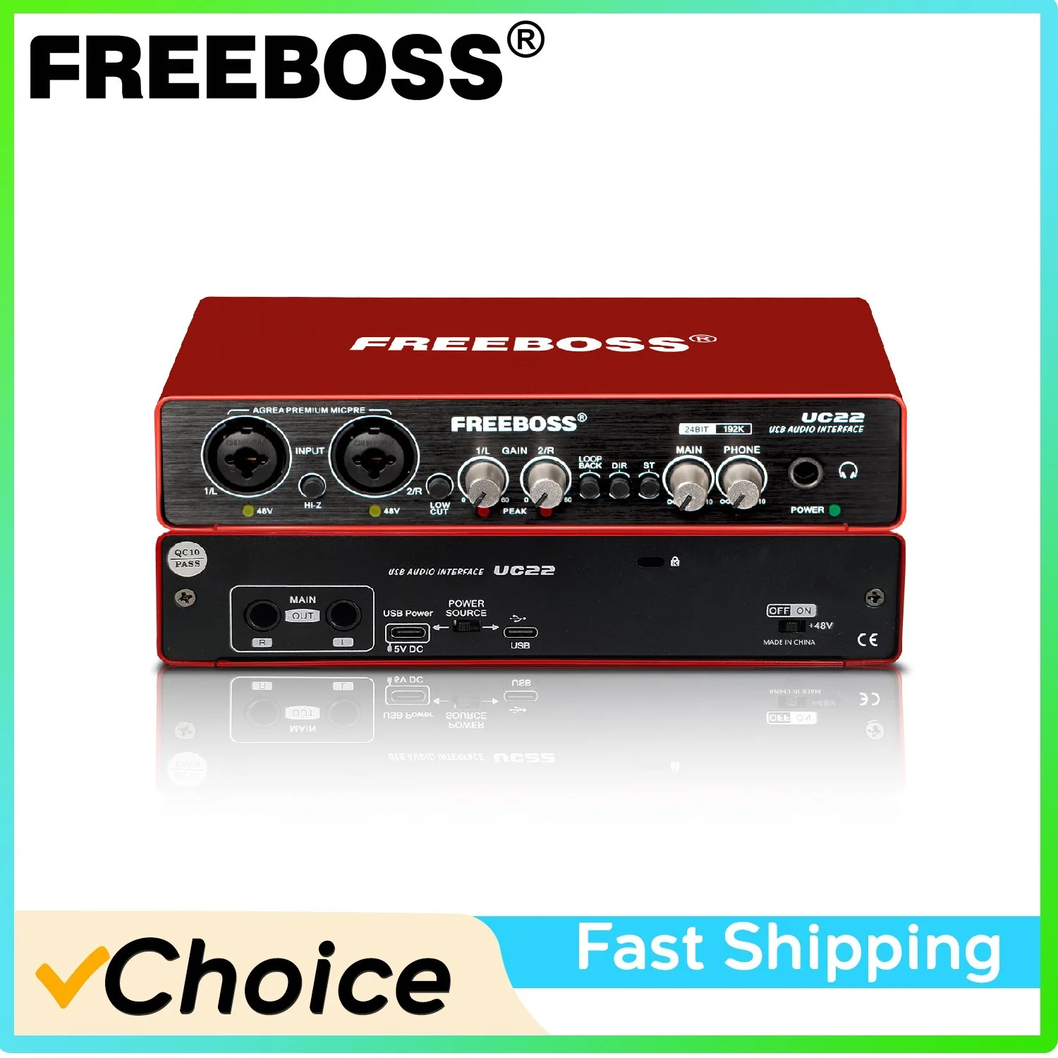 

FREEBOSS External Usb Sound Card Guitar 48V 24Bit 192KHz Audio Interface ASIO4ALL Stereo PC Music Recording UC22 for Studio