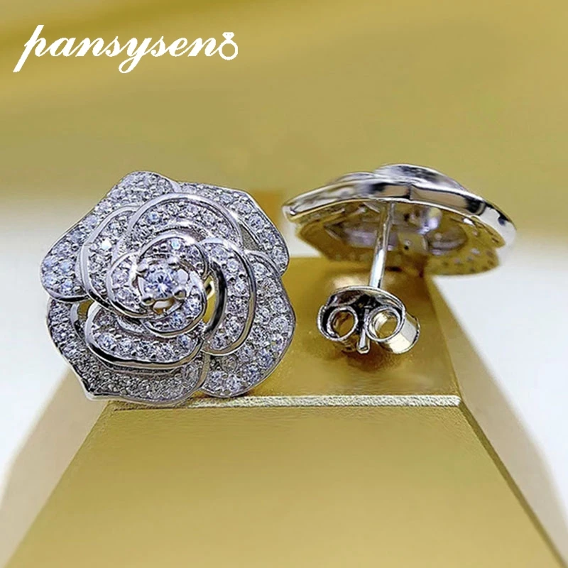 PANSYSEN New Luxury 925 Sterling Silver Flower Shape High Carbon Diamond Stud Earrings for Women Wedding Fine Jewelry Wholesale