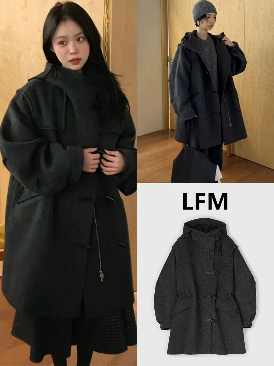 

Новое зимнее женское шерстяное пальто LFM 25 с капюшоном, средней длины, на пуговицах, утепленное, свободного кроя, для женщин