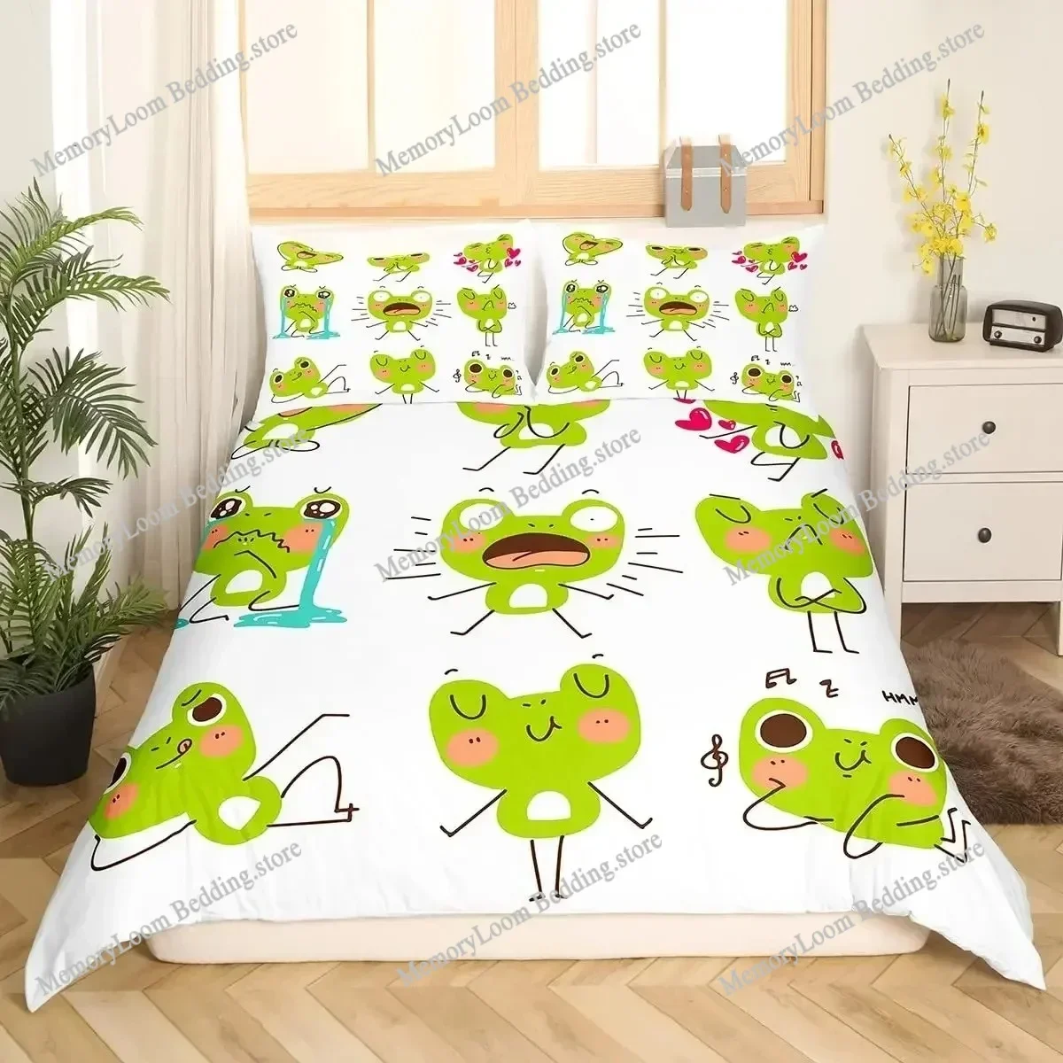 Cartoon Frog Duvet Cover Set Light Green Cartoon Frogs Cute Dragonfly Animal Bedding Set for Boy Twin Size Polyester Quilt Cover