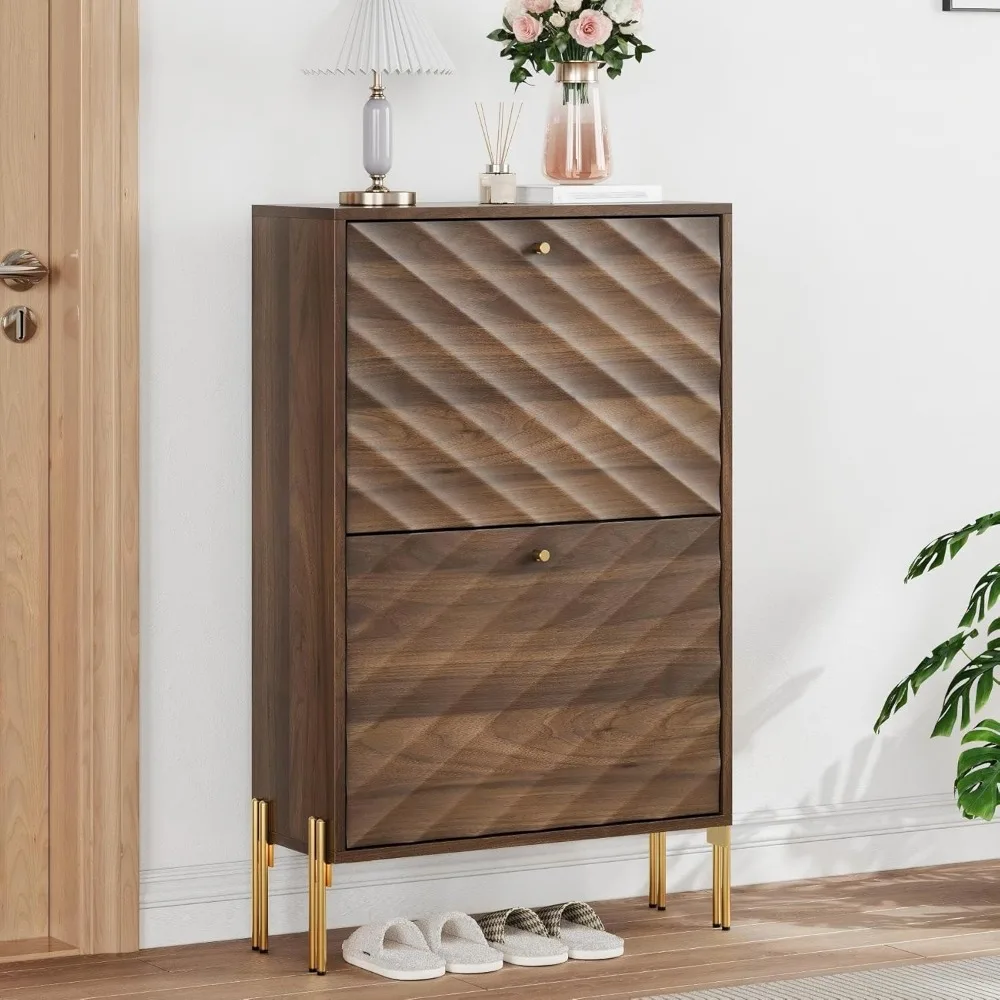 Scarpiera con porte a linee diagonali testurizzate, 2 cassetti ribaltabili, scarpiera stretta in noce per ingresso