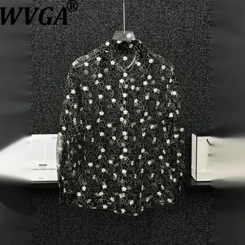 

WVGA Summer New Man Stylish Transparent Mesh Long Sleeve Shirt Hollow Out Niche Chic Floral Embroidery Dark Style Top Ins W22908