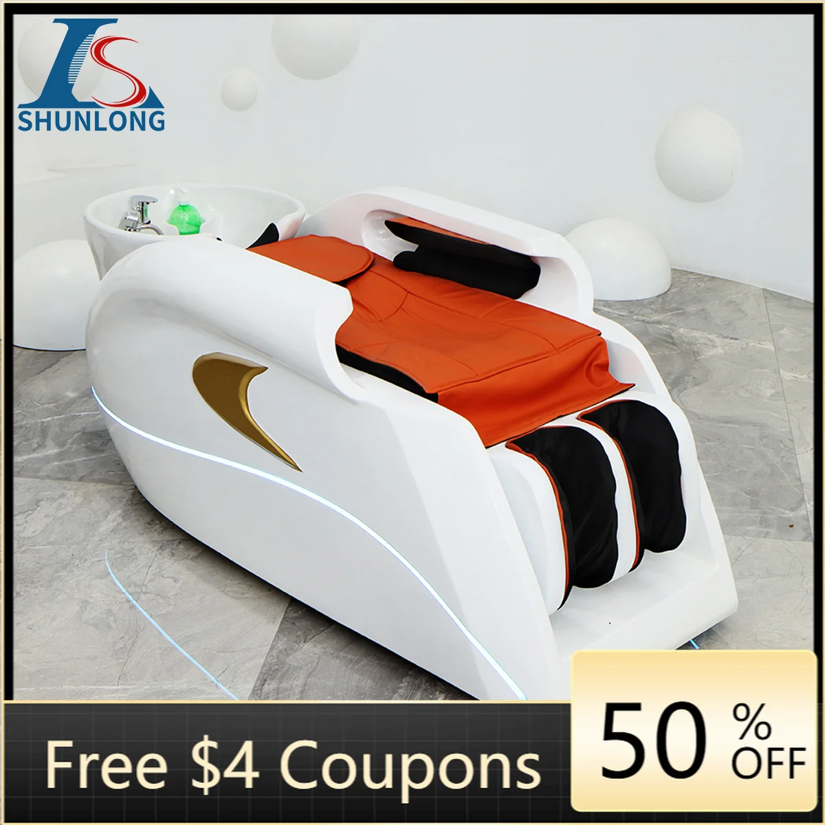 Electric Head Spa Shampoo Bed White Shell Gold Deco Pink LED Light Water Circulation Hair Washing Chair for Hair Salon
