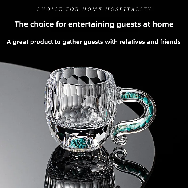 High End Turquoise Tea Cup Women's Thick Engraved High Aesthetic Office Tea Cup Crystal Glass Tea Cup