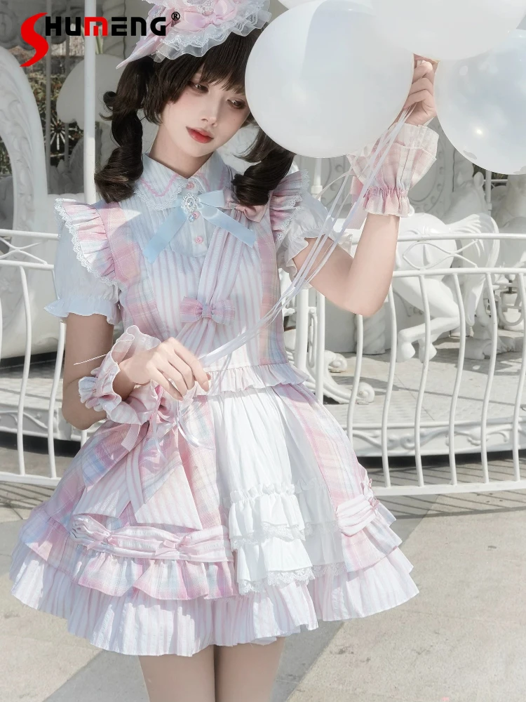 

Japanese Sweet Cute Girl Plaid Short Sleeve Top High Waist Mini Cake Skirts Two-piece Sets Women's Summer Pink Kawaii Lolita Set